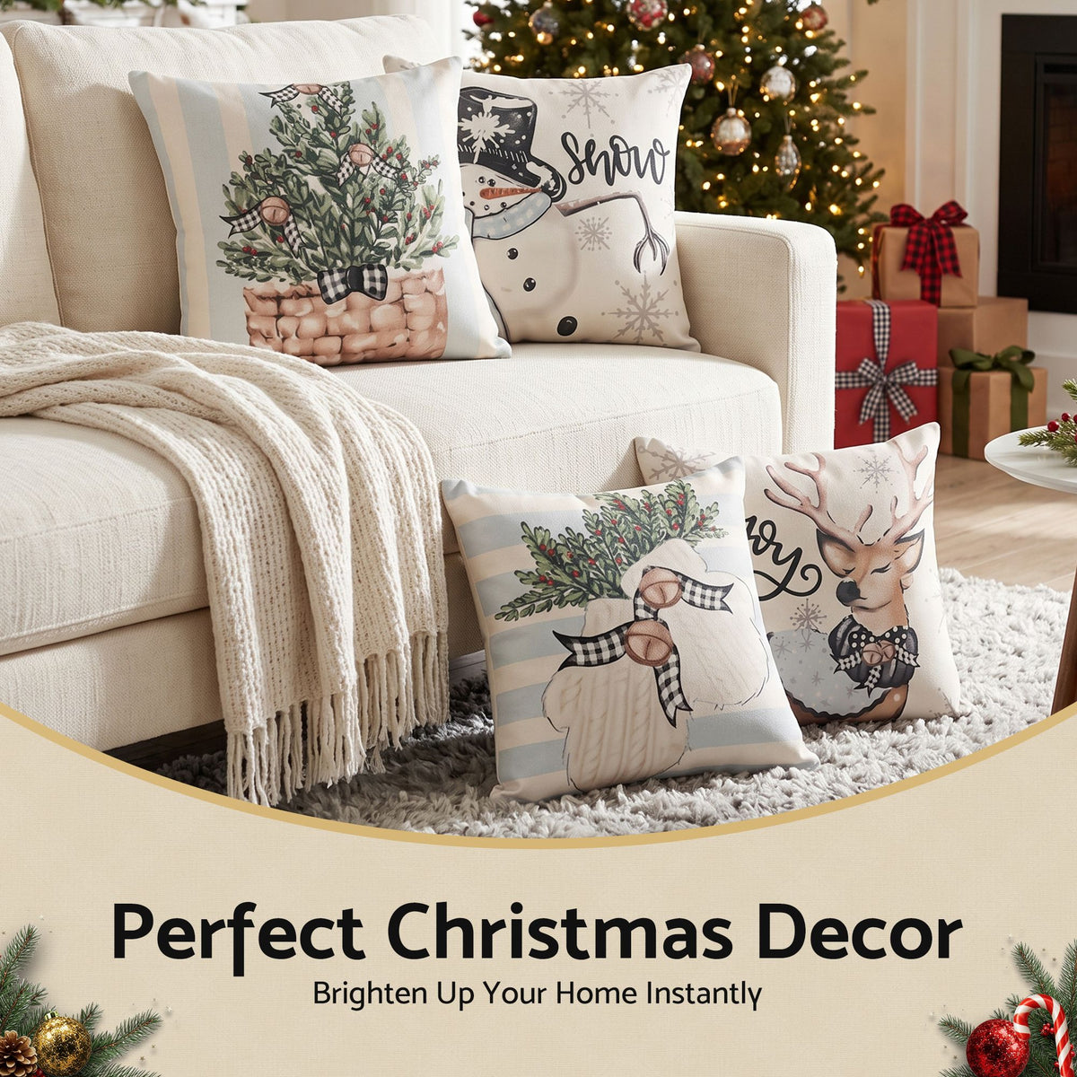 Gray Jingle Jollys Christmas Cushion Covers Set of 4 Pillow Covers 45x45cm with 4 Cute Patterns Blue Home & Garden > Decor > Cushions & Throws