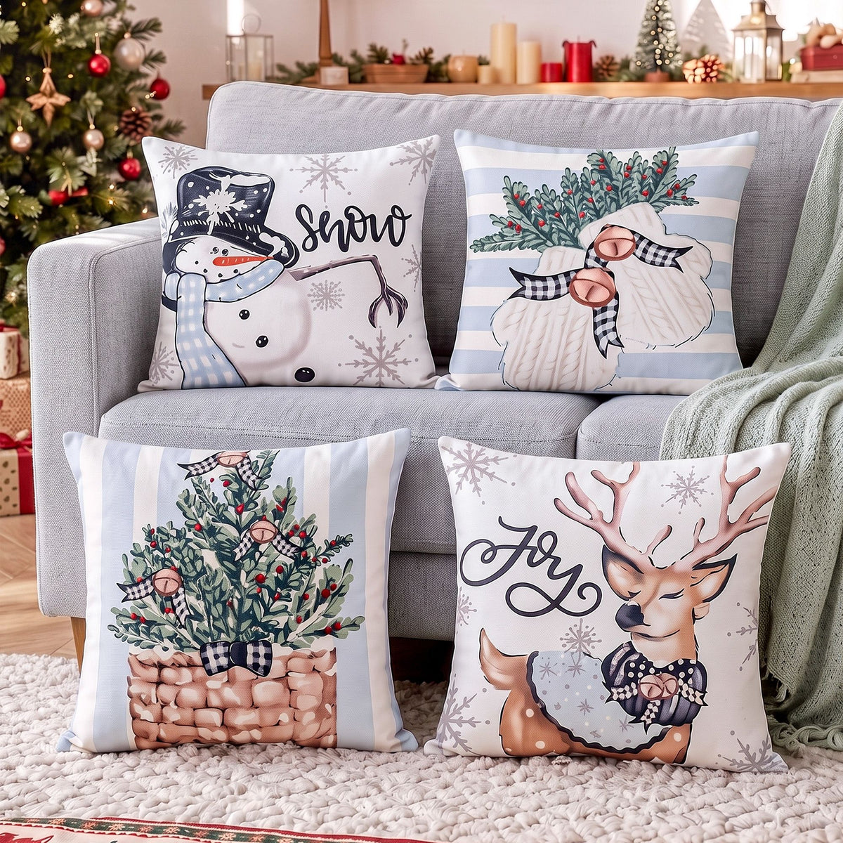 Light Gray Jingle Jollys Christmas Cushion Covers Set of 4 Pillow Covers 45x45cm with 4 Cute Patterns Blue Home & Garden > Decor > Cushions & Throws