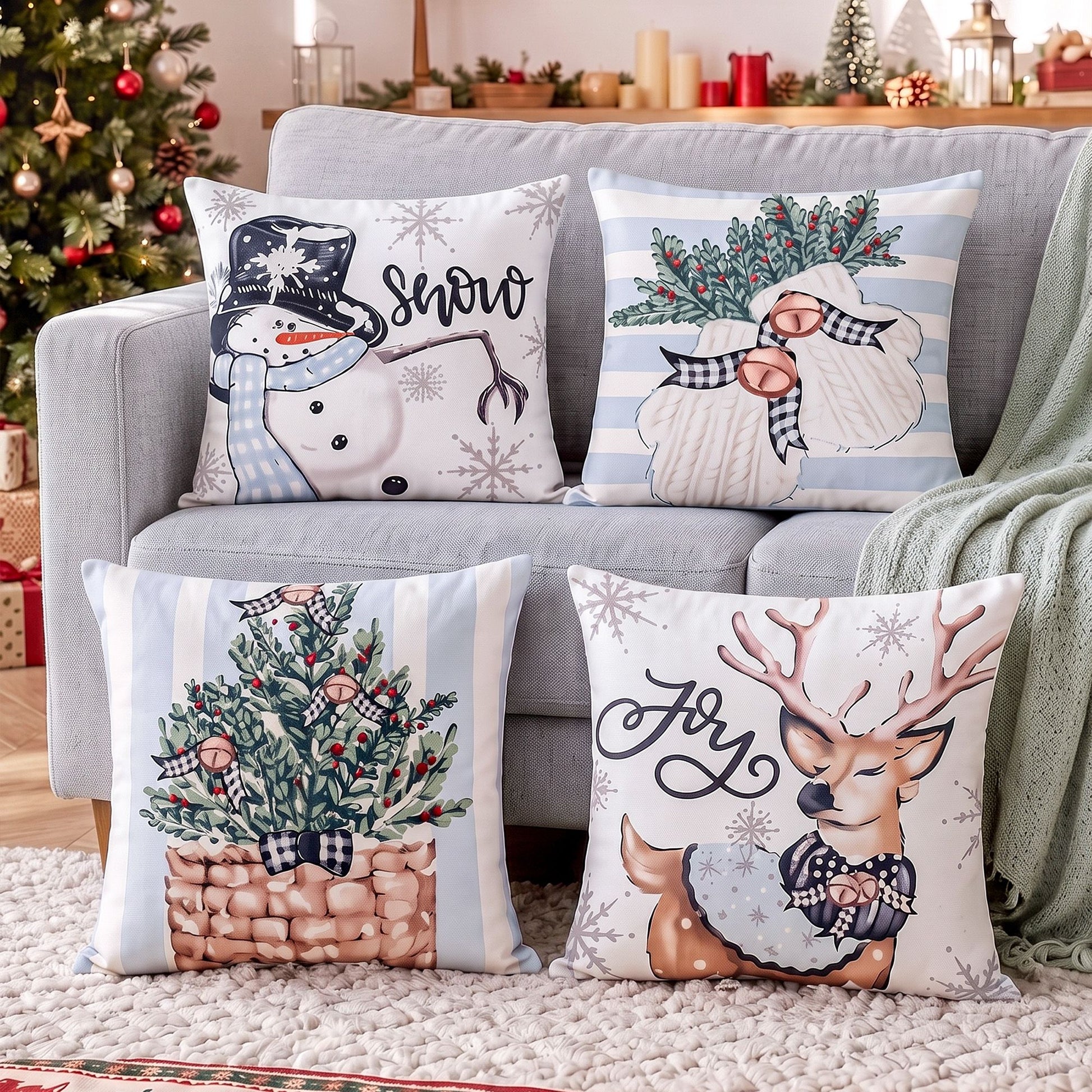Light Gray Jingle Jollys Christmas Cushion Covers Set of 4 Pillow Covers 45x45cm with 4 Cute Patterns Blue Home & Garden > Decor > Cushions & Throws