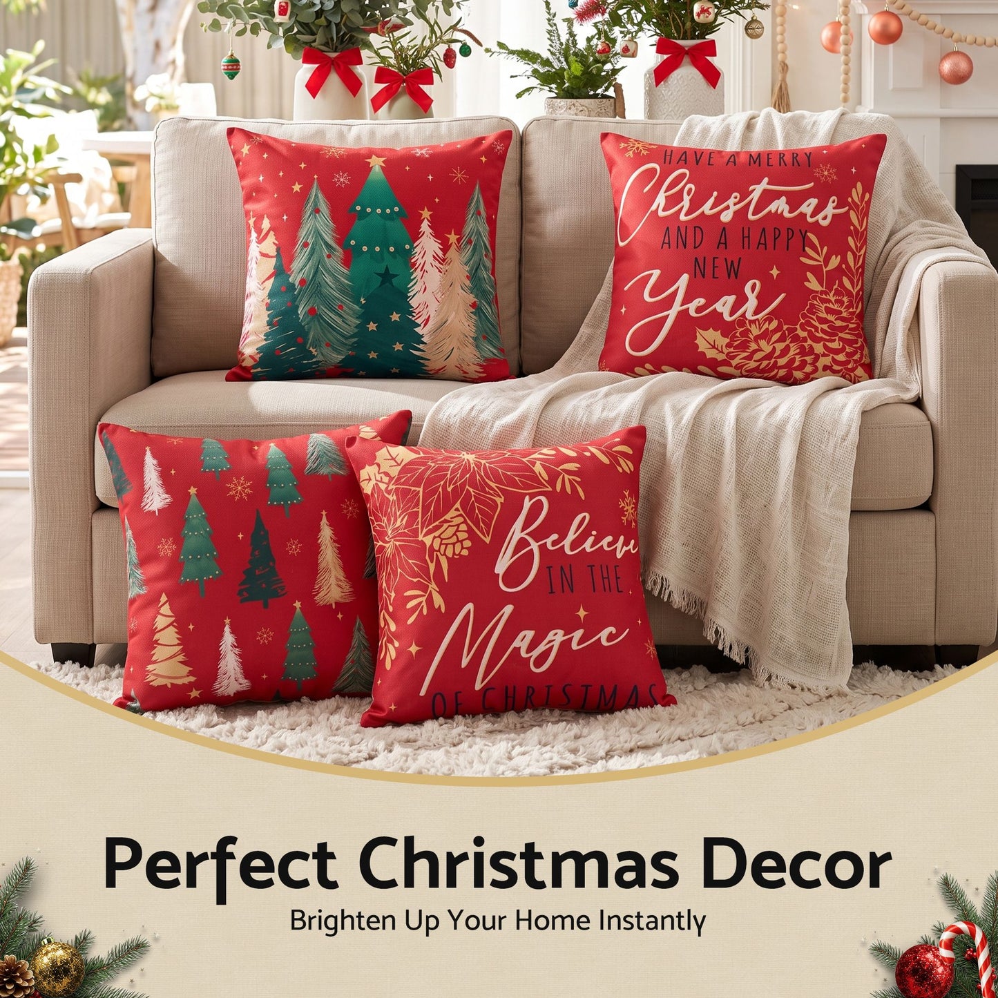 Gray Jingle Jollys Christmas Cushion Covers Set of 4 Pillow Covers 45x45cm with 4 Cute Patterns Red Home & Garden > Decor > Cushions & Throws