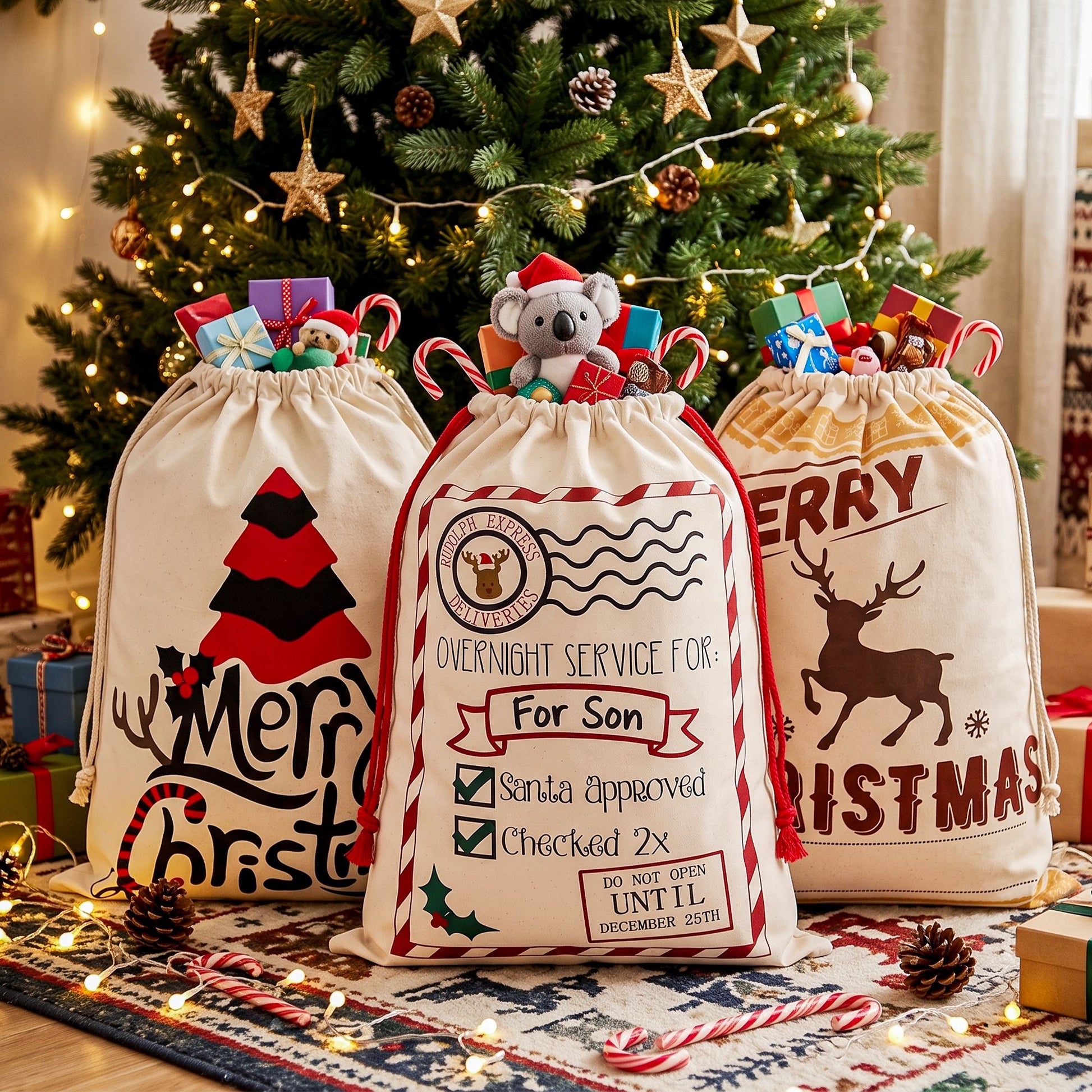 Rosy Brown Jingle Jollys 3PCS Christmas Santa Sacks Large Reusable Personalised Canvas Gift Storage Bags Occasions > Wrapping Paper & Gift Bags > Gift Bags