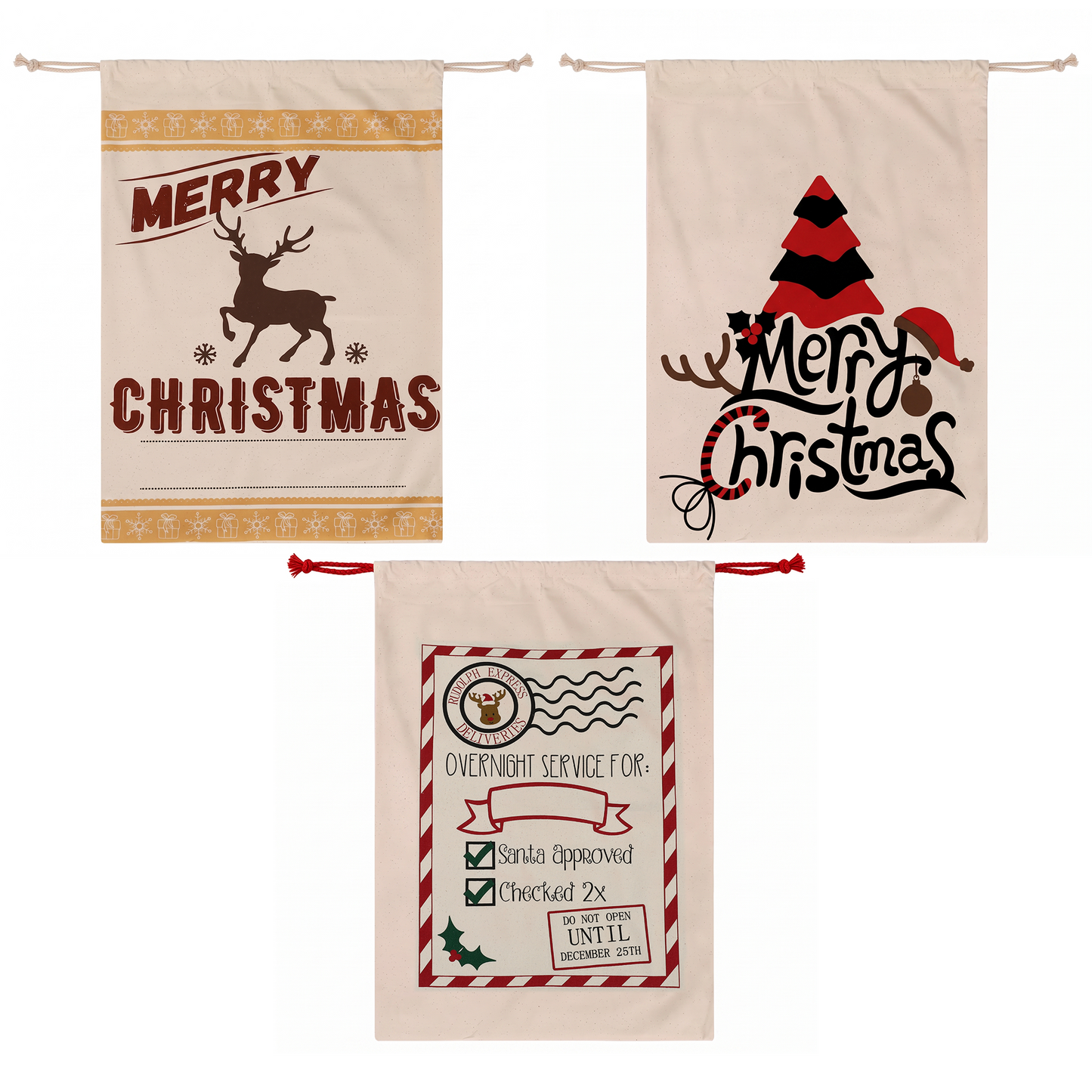 White Smoke Jingle Jollys 3PCS Christmas Santa Sacks Large Reusable Personalised Canvas Gift Storage Bags Occasions > Wrapping Paper & Gift Bags > Gift Bags