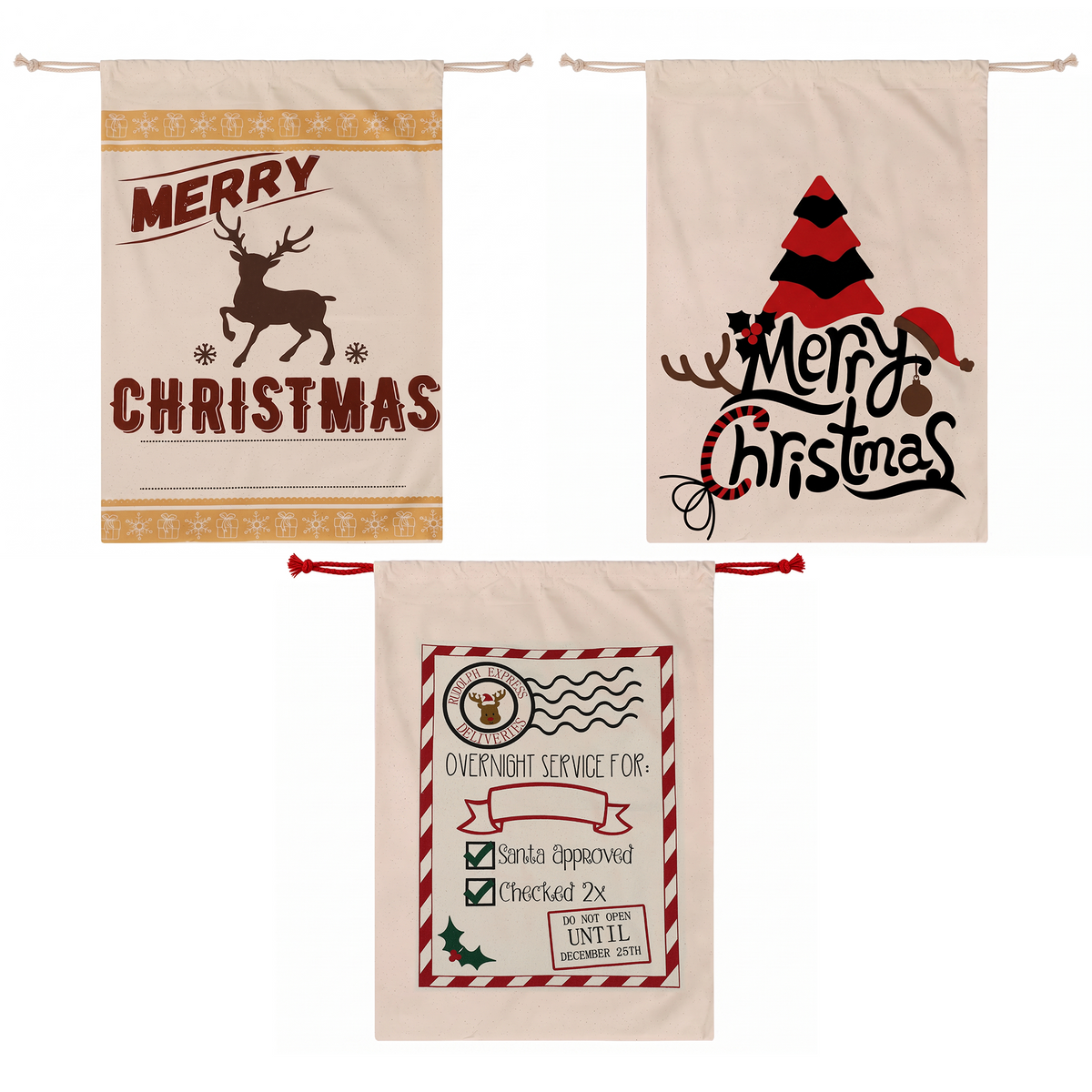 White Smoke Jingle Jollys 3PCS Christmas Santa Sacks Large Reusable Personalised Canvas Gift Storage Bags Occasions > Wrapping Paper & Gift Bags > Gift Bags
