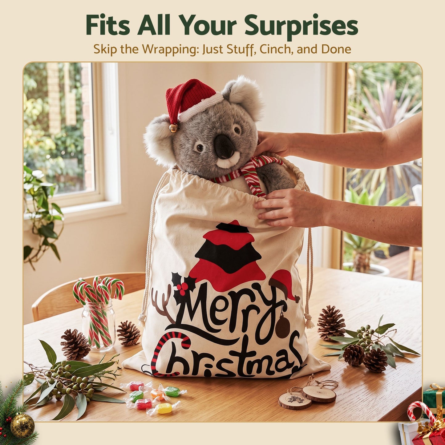 Light Gray Jingle Jollys 3PCS Christmas Santa Sacks Large Reusable Personalised Canvas Gift Storage Bags Occasions > Wrapping Paper & Gift Bags > Gift Bags