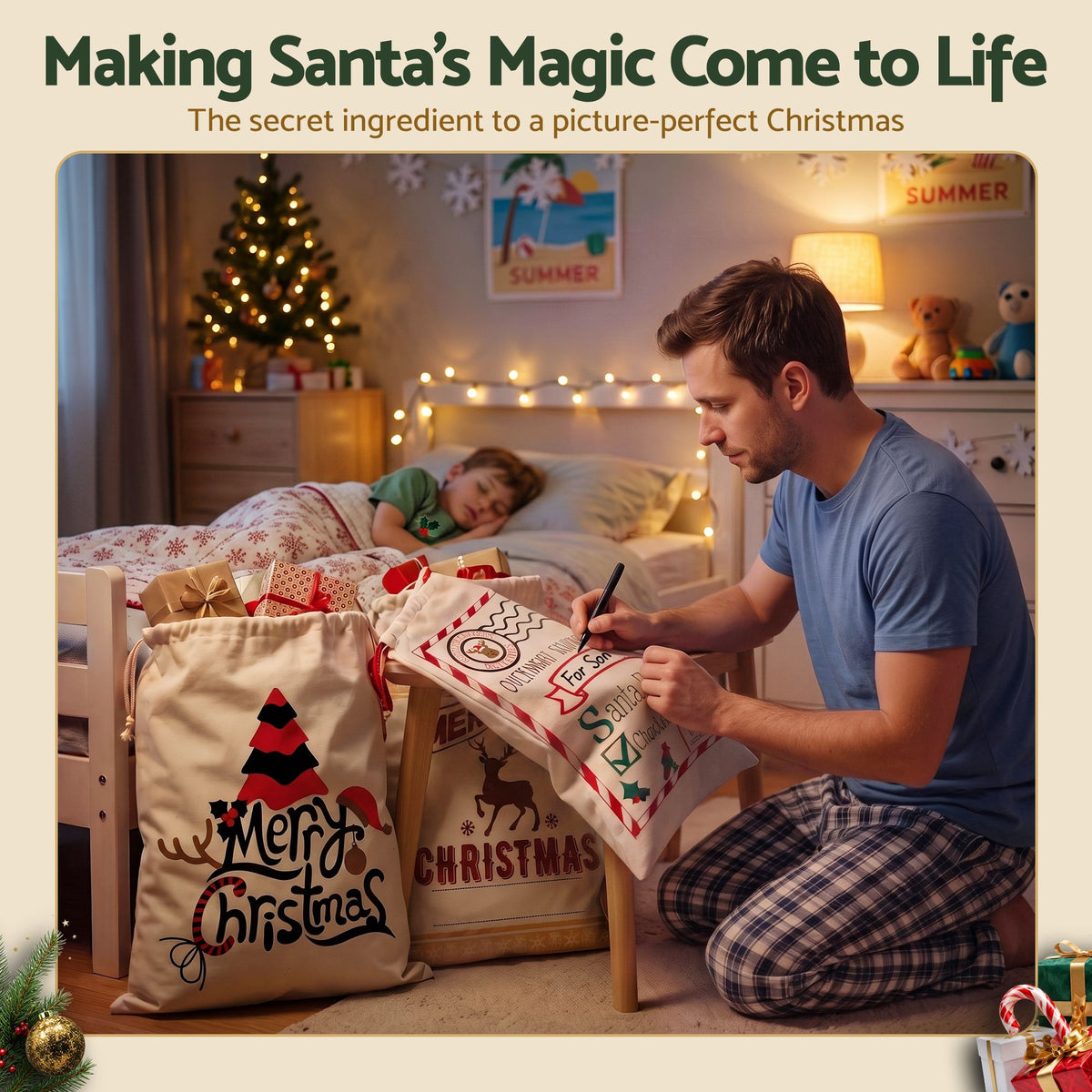 Bisque Jingle Jollys 3PCS Christmas Santa Sacks Large Reusable Personalised Canvas Gift Storage Bags Occasions > Wrapping Paper & Gift Bags > Gift Bags