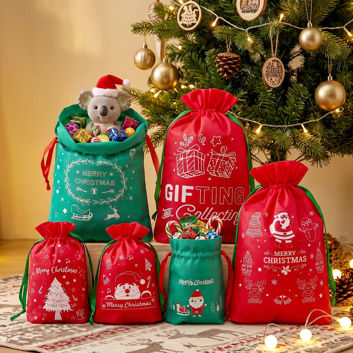 Dark Khaki Jingle Jollys 6PCS Christmas Santa Sacks Drawstring Reusable Gift Storage Bags 2 Sizes Occasions > Wrapping Paper & Gift Bags > Gift Bags