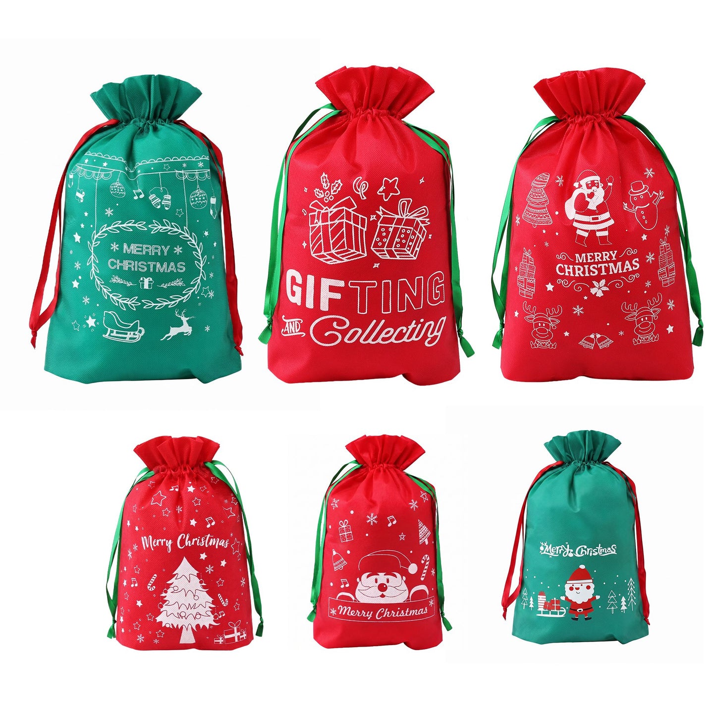 White Smoke Jingle Jollys 6PCS Christmas Santa Sacks Drawstring Reusable Gift Storage Bags 2 Sizes Occasions > Wrapping Paper & Gift Bags > Gift Bags