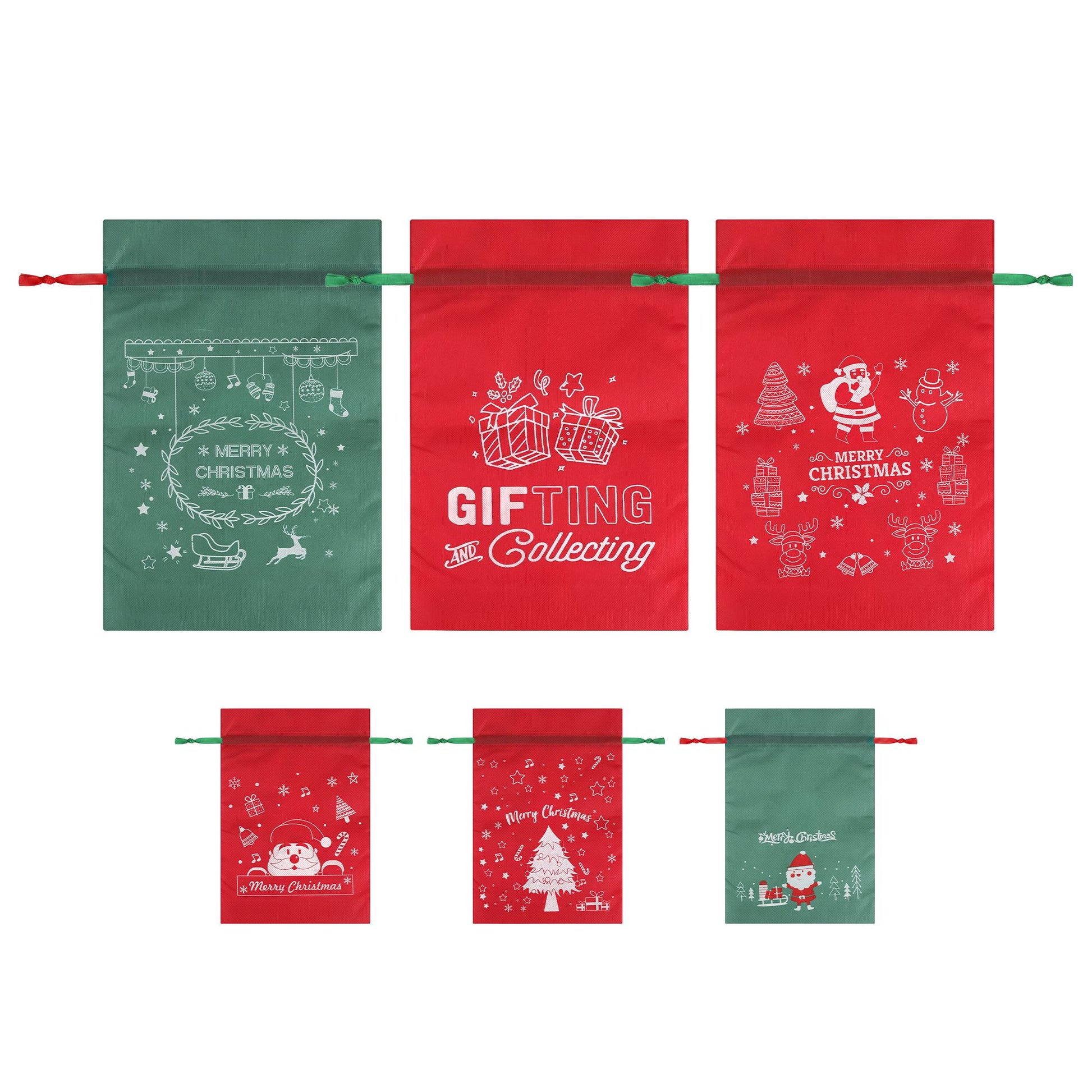 White Smoke Jingle Jollys 6PCS Christmas Santa Sacks Drawstring Reusable Gift Storage Bags 2 Sizes Occasions > Wrapping Paper & Gift Bags > Gift Bags