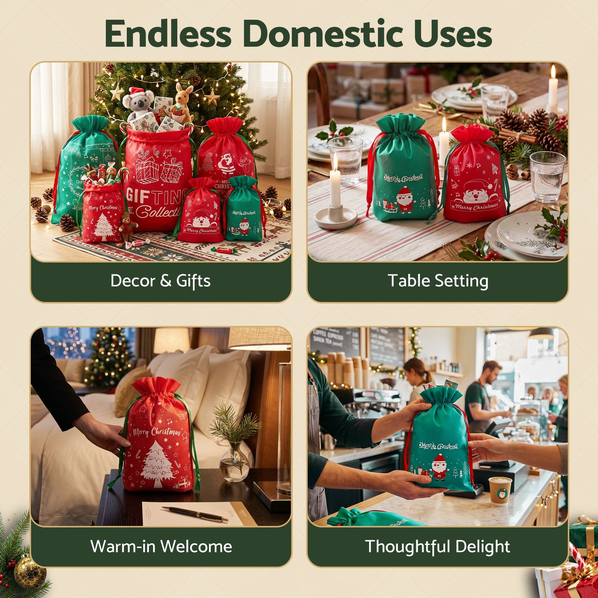Light Gray Jingle Jollys 6PCS Christmas Santa Sacks Drawstring Reusable Gift Storage Bags 2 Sizes Occasions > Wrapping Paper & Gift Bags > Gift Bags
