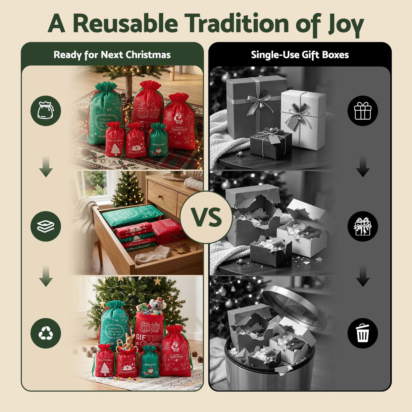 Dim Gray Jingle Jollys 6PCS Christmas Santa Sacks Drawstring Reusable Gift Storage Bags 2 Sizes Occasions > Wrapping Paper & Gift Bags > Gift Bags