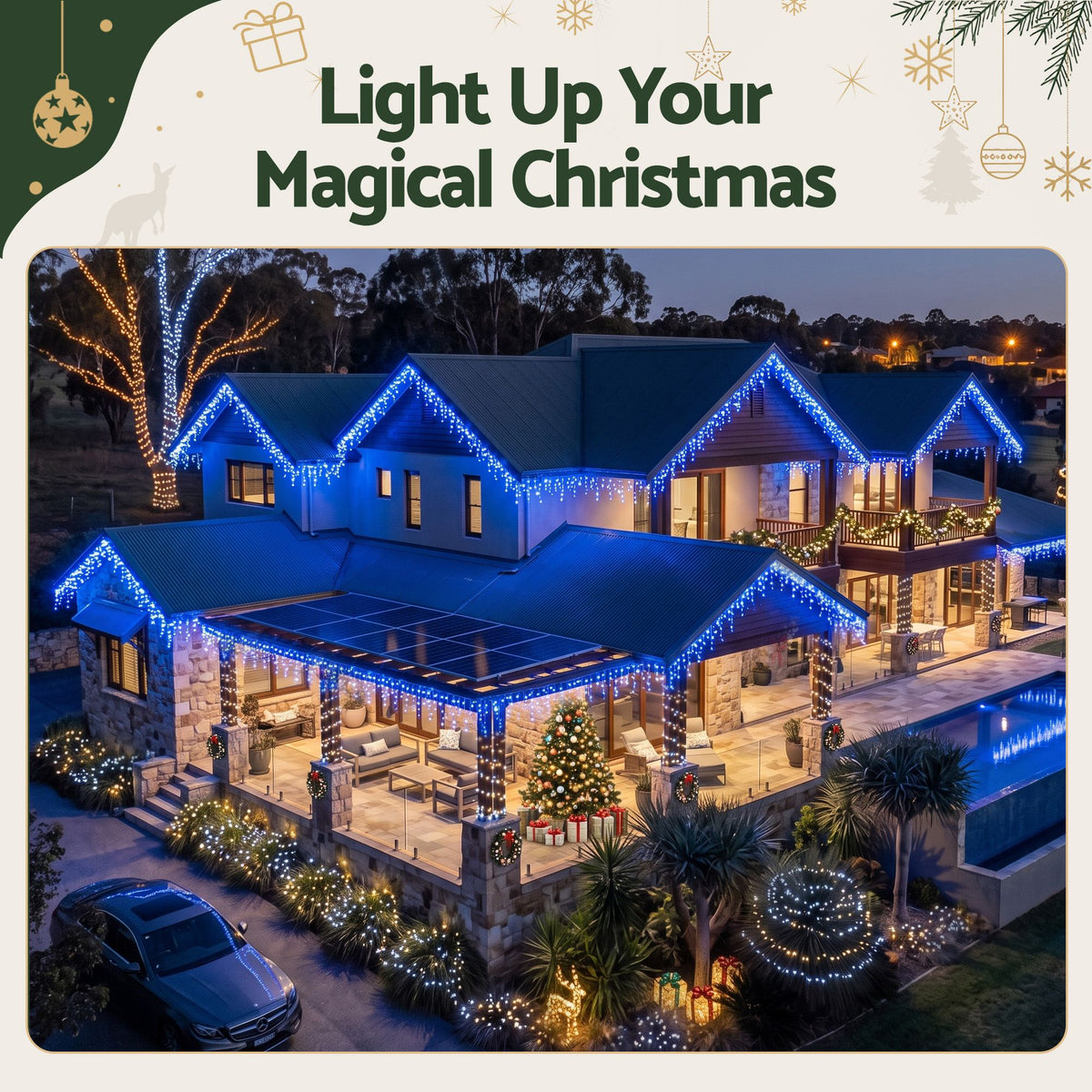 White Smoke Jingle Jollys 32M Christmas Lights Solar Icicle String Lights 960 LED Blue Occasions > Christmas > Outdoor Decorations & Lights