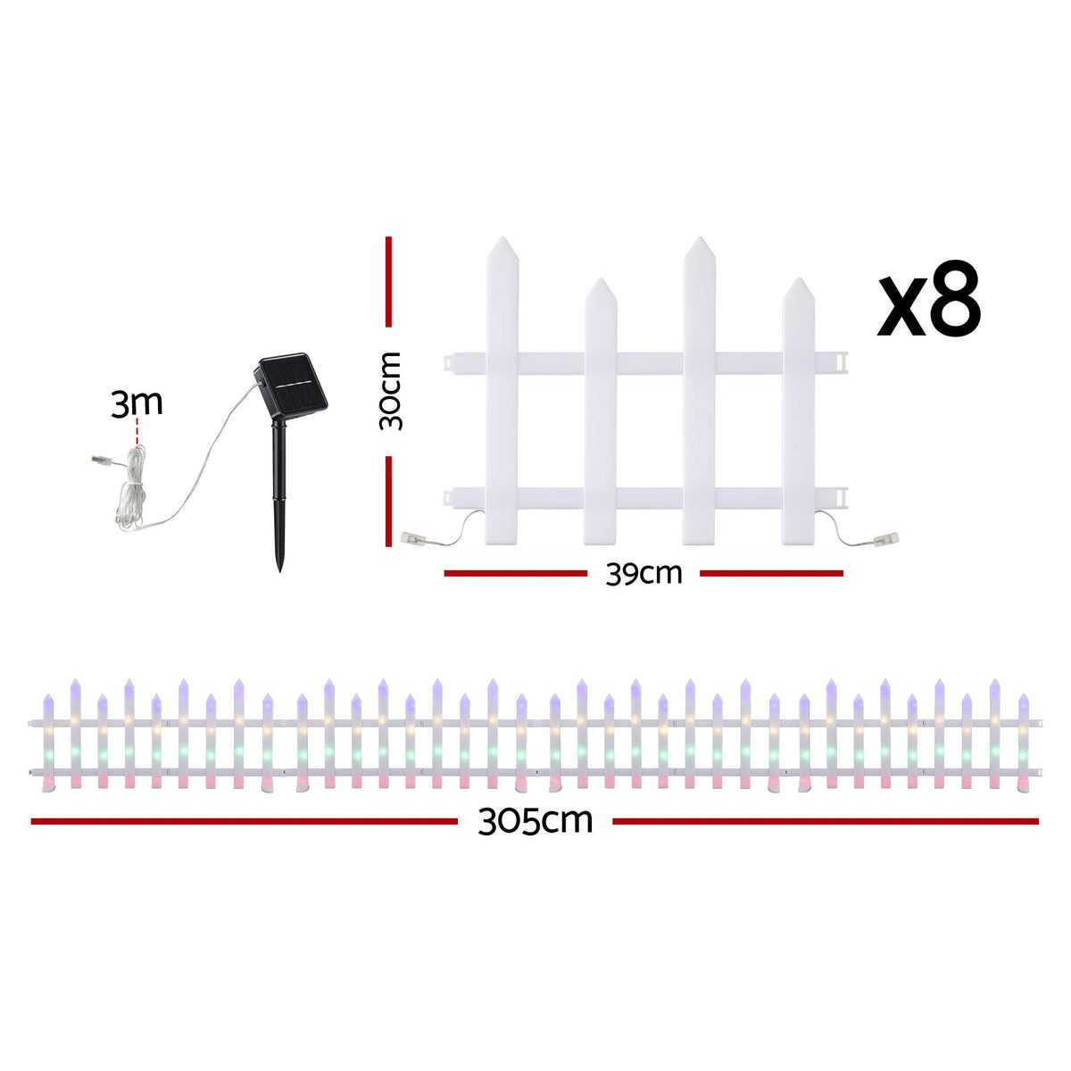 White Smoke Jingle Jollys 3m Solar Christmas Fence Lights Outdoor Garden Path Decor Multicolour 8pc Occasions > Christmas > Outdoor Decorations & Lights