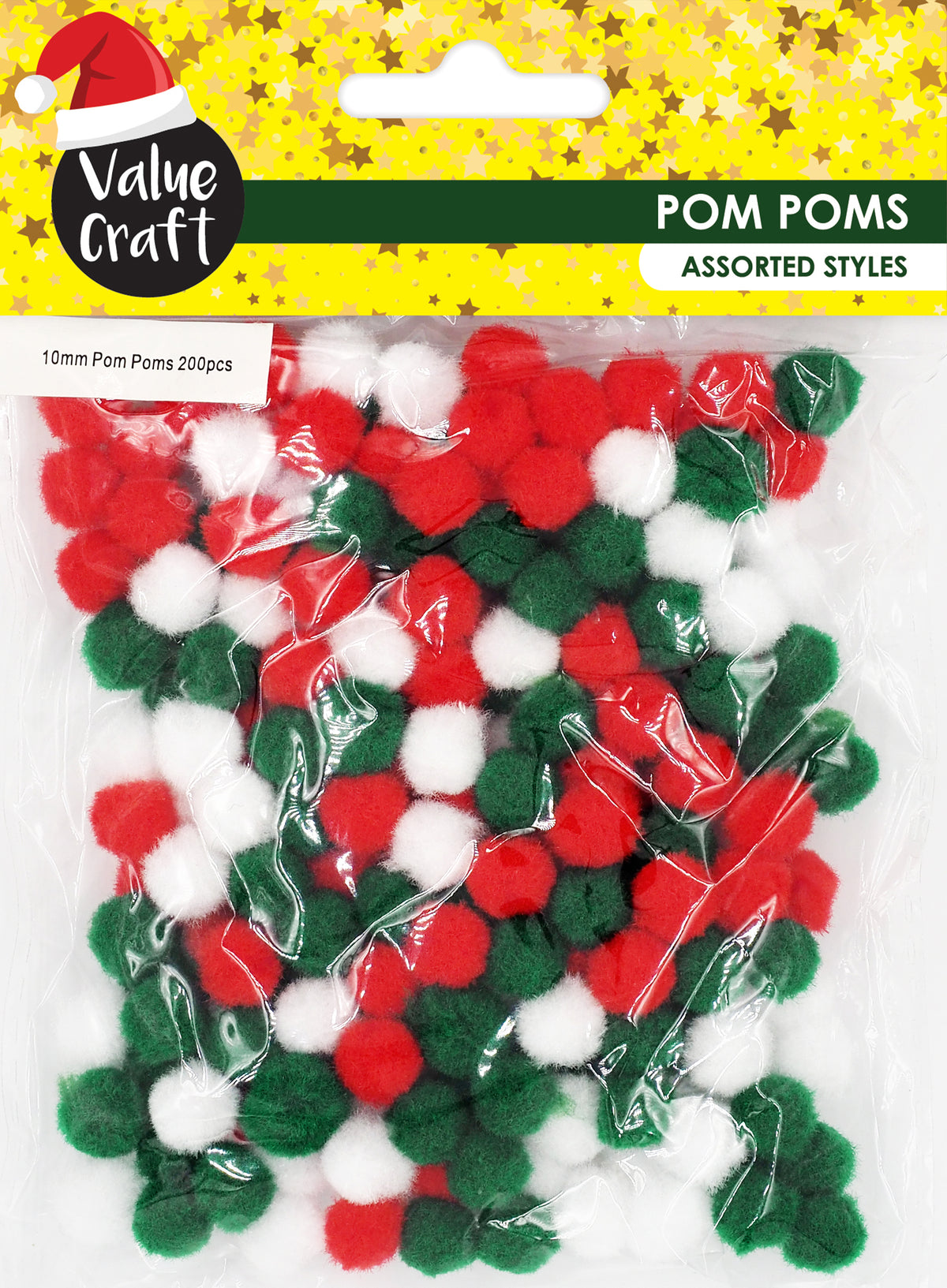 White Smoke XMAS Pom Poms 10mm, Traditional Colours, 200pcs Xmas