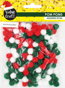 White Smoke XMAS Pom Poms 10mm, Traditional Colours, 200pcs Xmas
