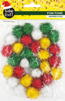 White Smoke XMAS Tinsel Pom Poms 20mm, Traditional Colours, 12pcs Xmas