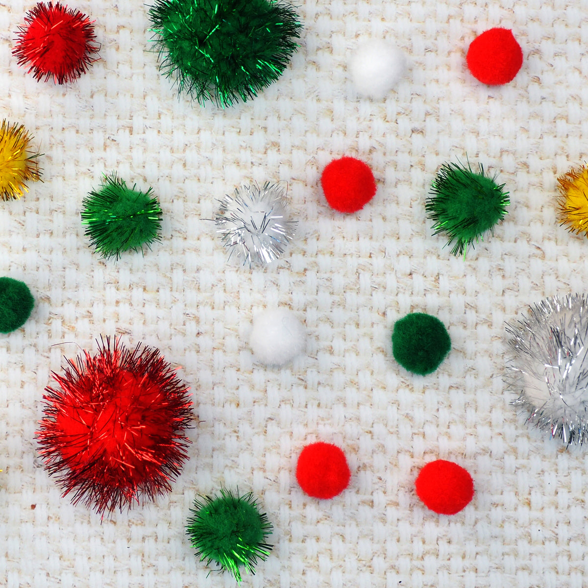Light Gray XMAS Tinsel Pom Poms 20mm, Traditional Colours, 12pcs Xmas
