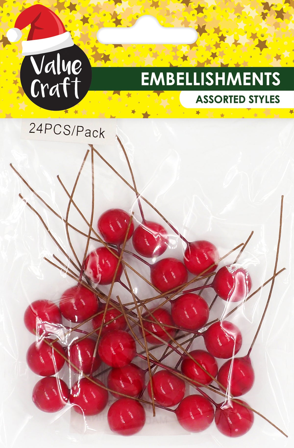 White Smoke XMAS Holly Red Berries Embellishments, 2cm, 24pk Xmas