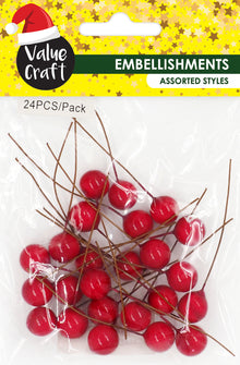 White Smoke XMAS Holly Red Berries Embellishments, 2cm, 24pk Xmas