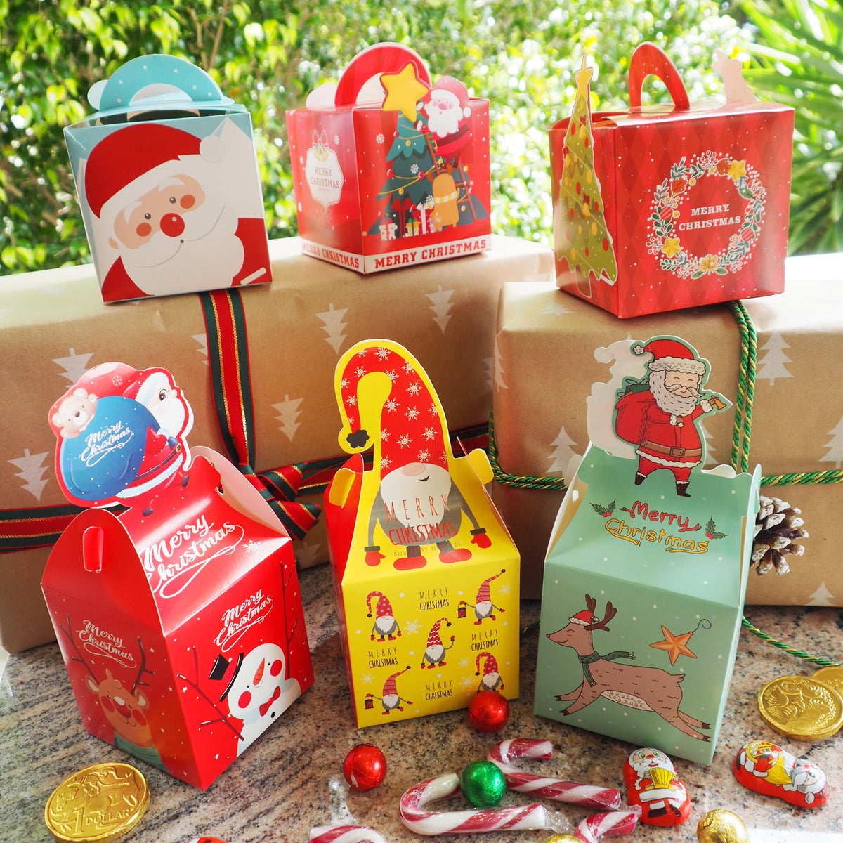 Dark Khaki XMAS Gift Boxes with Handles, Assorted Designs, 9.3cm, 3pk Xmas
