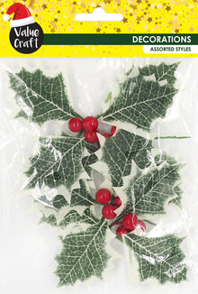 White Smoke XMAS Large Holly Leaves & Berries Embellishments, 13.5cm, 4pk Xmas