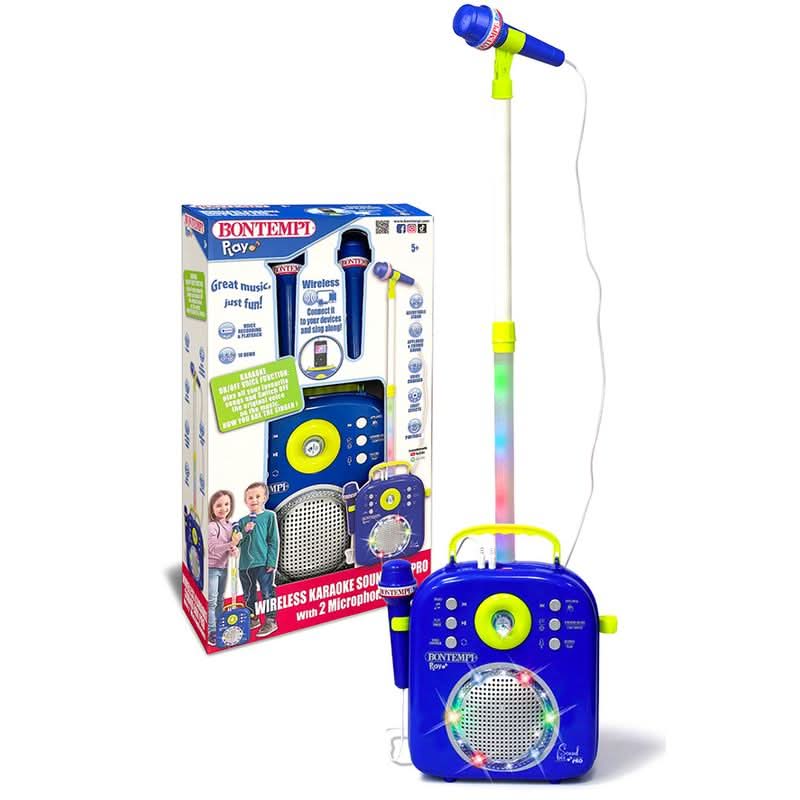 A children's wireless karaoke set by BonTempo, featuring a blue speaker unit with a yellow handle, a matching microphone on a stand, and the retail box shown beside it on a white background.