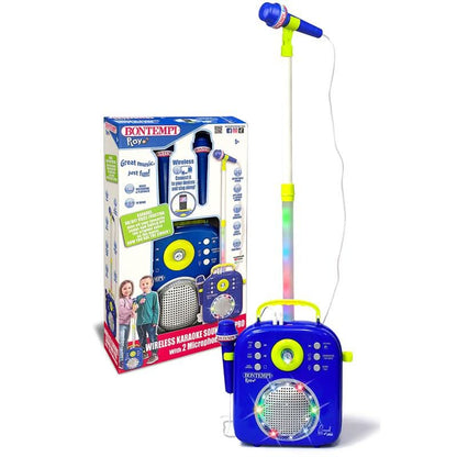 A children's wireless karaoke set by BonTempo, featuring a blue speaker unit with a yellow handle, a matching microphone on a stand, and the retail box shown beside it on a white background.