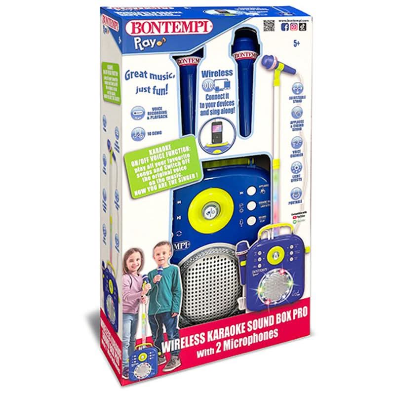 BONTEMPI Rayz Wireless Karaoke Sound Box Pro with 2 Microphones in its retail packaging, featuring a blue and yellow toy set with a speaker, microphone, and portable unit.