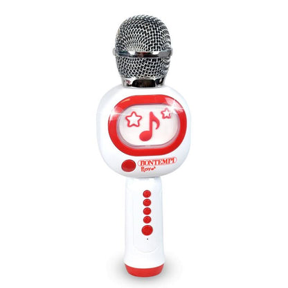 A toy microphone karaoke device with a white body, red accents, and a silver mesh grille, featuring the brand name 'BONTEMPO' on the front.