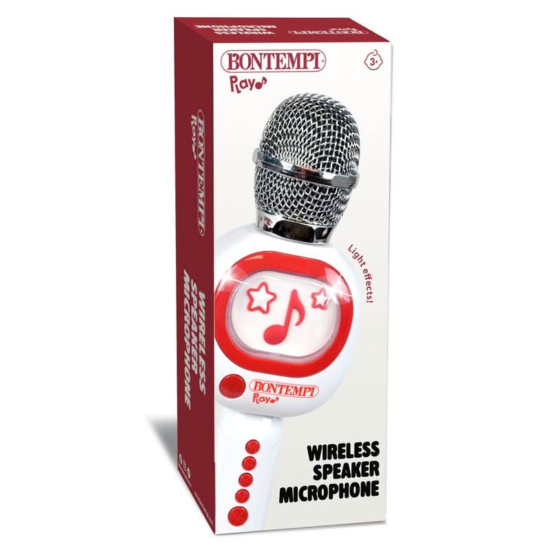 Bontempi Roy wireless speaker microphone in its retail packaging, featuring a red and white box with a graphic of the silver and white microphone.