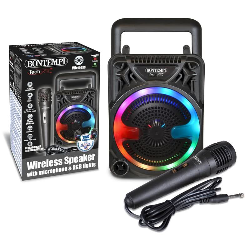 A Bontempi wireless speaker set with a black portable speaker, matching microphone, power cable, and retail packaging box on a white background.