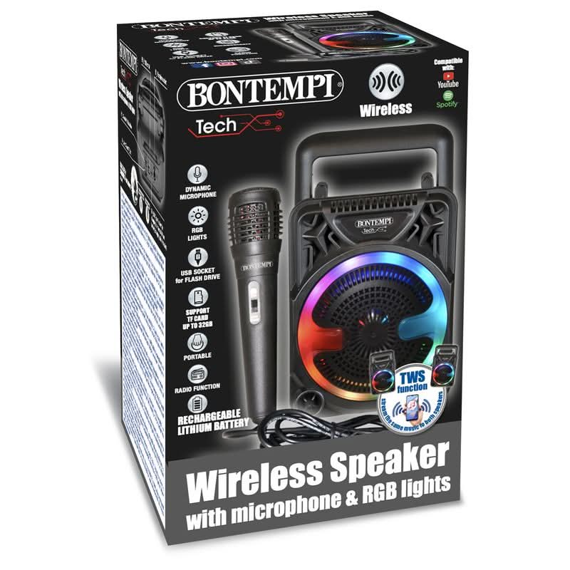 Bontempi Tech Wireless Speaker with microphone and RGB lights retail packaging box, featuring a black speaker, black microphone, and colorful LED light accents on a white background.