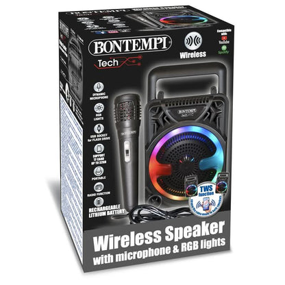 Bontempi Tech Wireless Speaker with microphone and RGB lights retail packaging box, featuring a black speaker, black microphone, and colorful LED light accents on a white background.