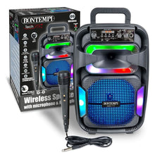 A portable Bluetooth speaker system with a handle, front LED light bar, built-in microphone, and carrying handle, shown next to its retail box on a white background.