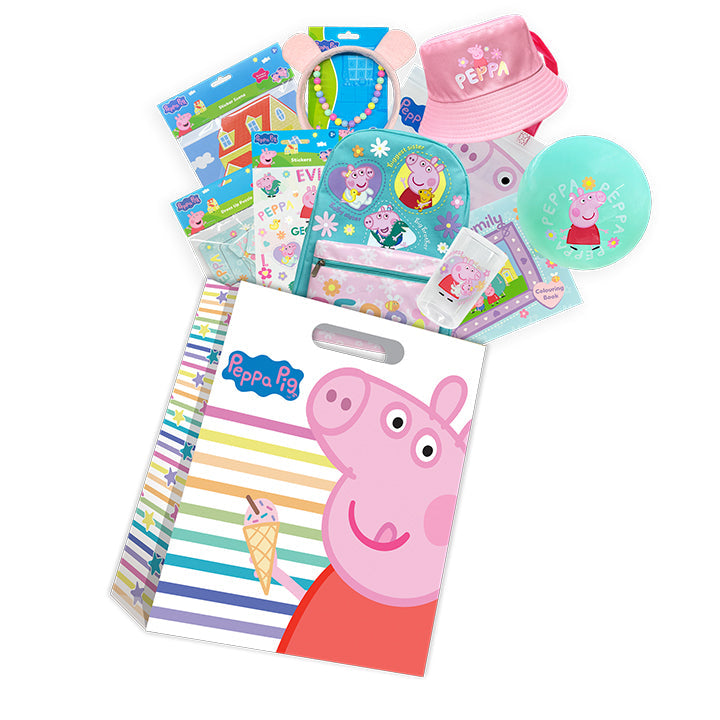 Peppa Pig-themed showbag with pink bucket hat, bead bracelet, and printed cards