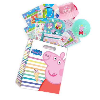 Peppa Pig-themed showbag with pink bucket hat, bead bracelet, and printed cards