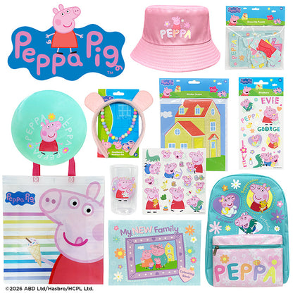 Peppa Pig-themed showbag with pink bucket hat, circular fan, bracelet, and sticker sheets
