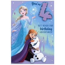 Cornflower Blue Frozen Anna, Elsa, Olaf You're 4! Greeting Card Bags & Invitation