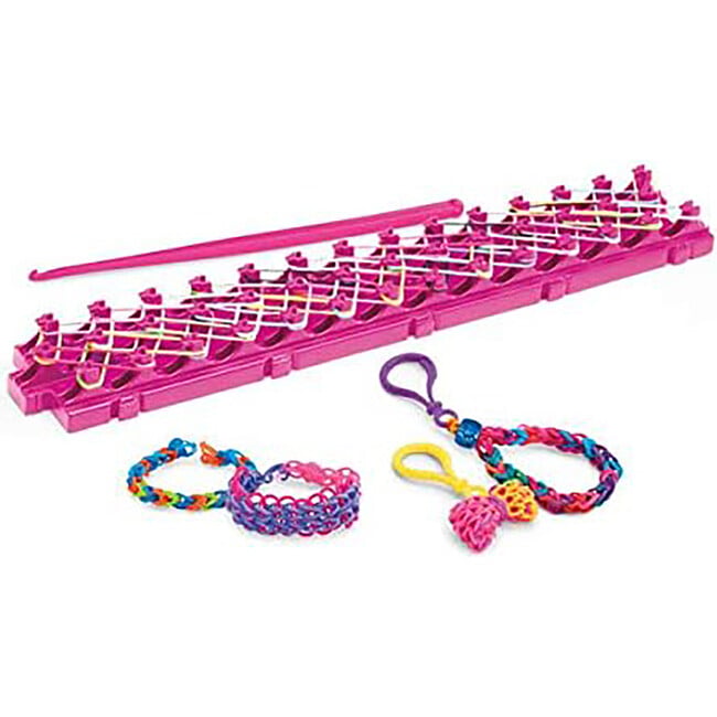 Pink rubber band loom with multi-color charm bracelets and rubber bands