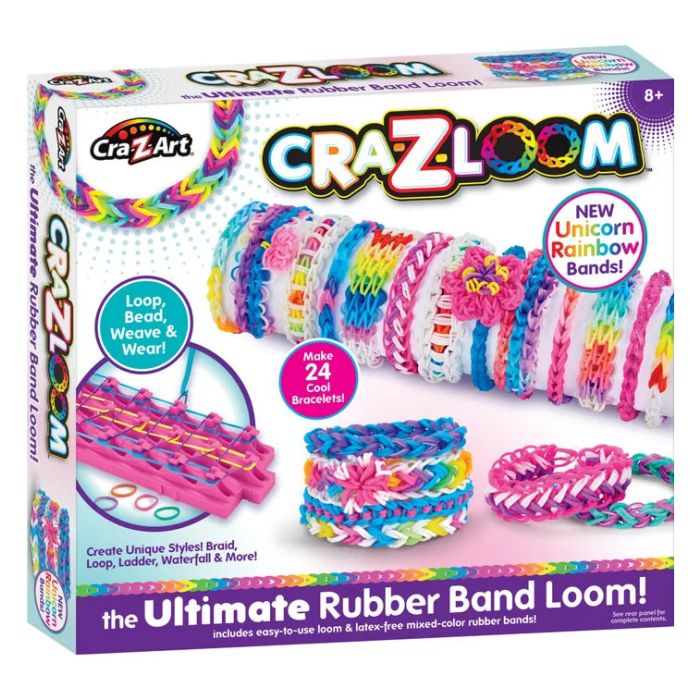 Rainbow rubber band loom kit with unicorn-themed rainbow bands, in retail box