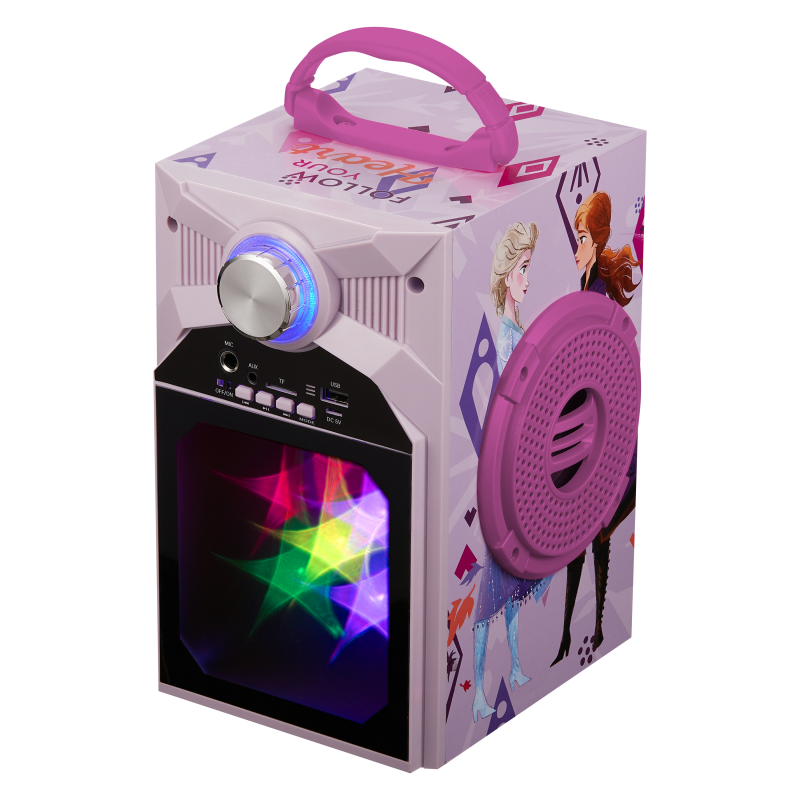 White karaoke Bluetooth speaker with pink side speaker grille and glowing LED knob