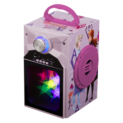 White karaoke Bluetooth speaker with pink side speaker grille and glowing LED knob