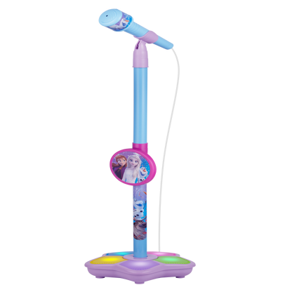 Disney Frozen sing-a-long microphone on purple stand with round hanging speaker