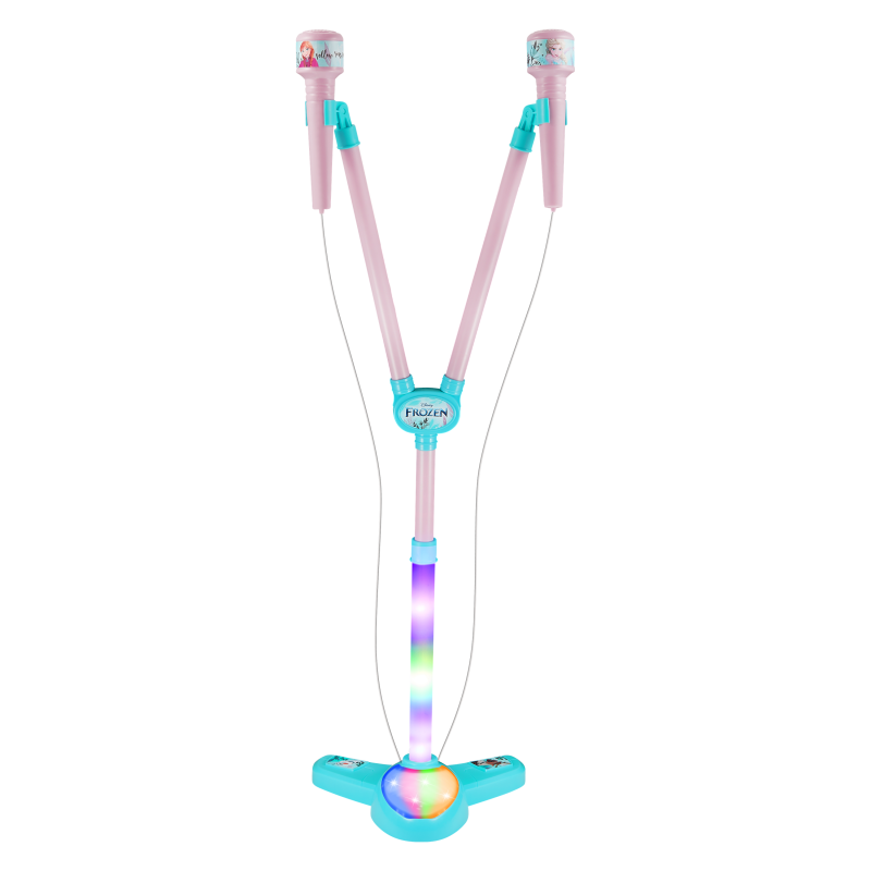 Disney Frozen dual Bluetooth karaoke microphone stand with glowing base, pink and teal poles