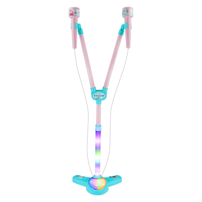 Disney Frozen dual Bluetooth karaoke microphone stand with glowing base, pink and teal poles