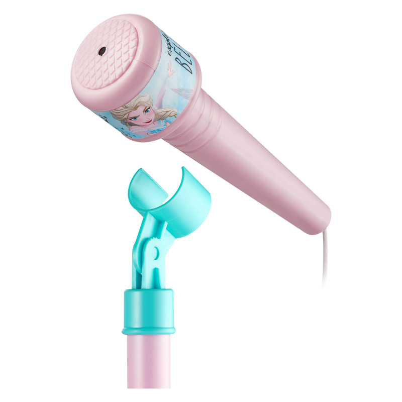 Teal and pink Bluetooth karaoke microphone with Frozen graphics and speaker head