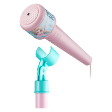 Teal and pink Bluetooth karaoke microphone with Frozen graphics and speaker head