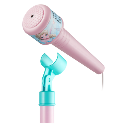 Teal and pink Bluetooth karaoke microphone with Frozen graphics and speaker head