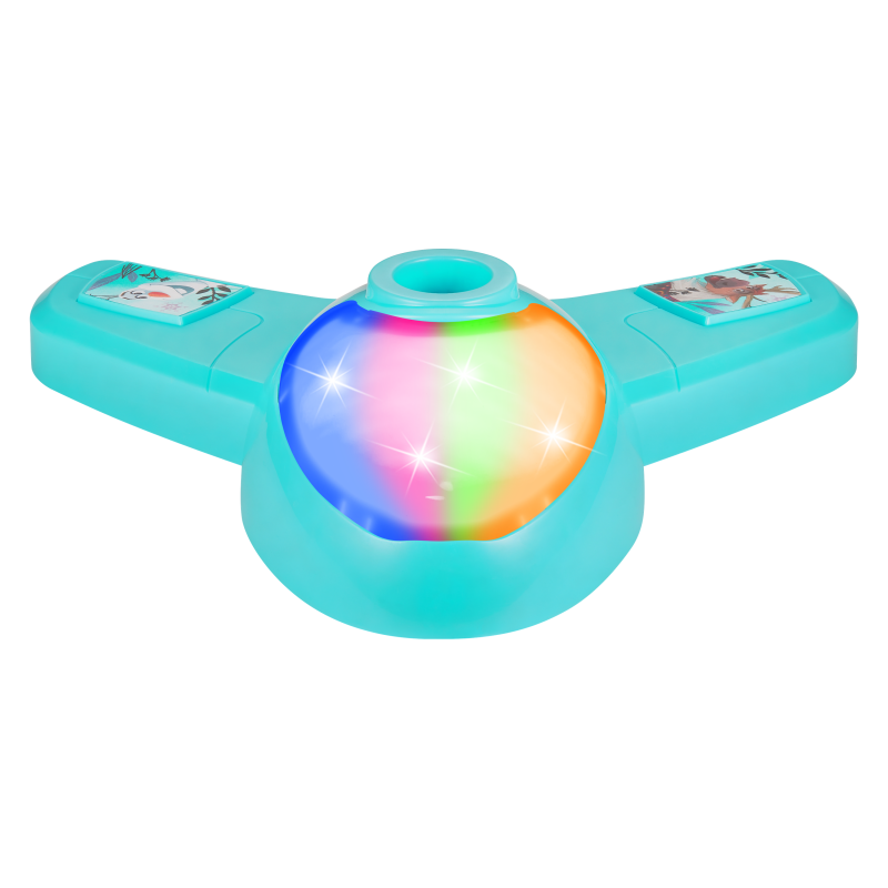 Teal U-shaped microphone stand base with rainbow light center and control top