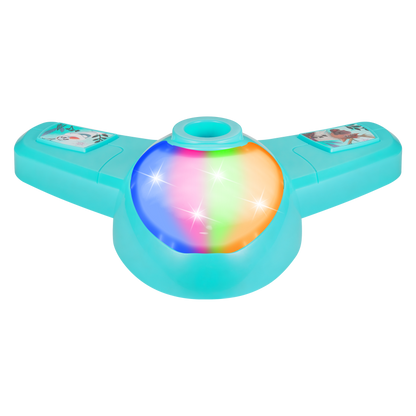 Teal U-shaped microphone stand base with rainbow light center and control top