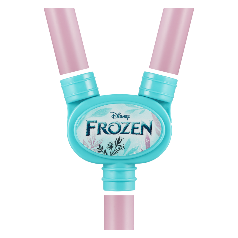 Teal center clip with Frozen logo connecting two pink Bluetooth karaoke microphone poles